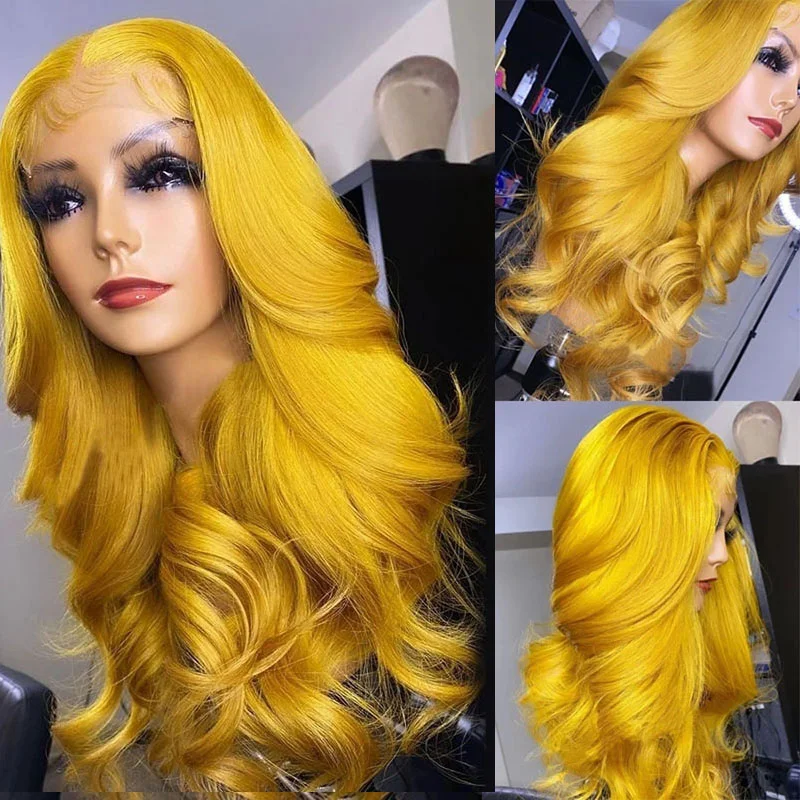 Yellow Colored Wigs 13x4 Lace Front Closure Wigs Human Hair Pre Plucked Brazilian Raw Virgin Hair Glueless Lace Body Wave Wigs