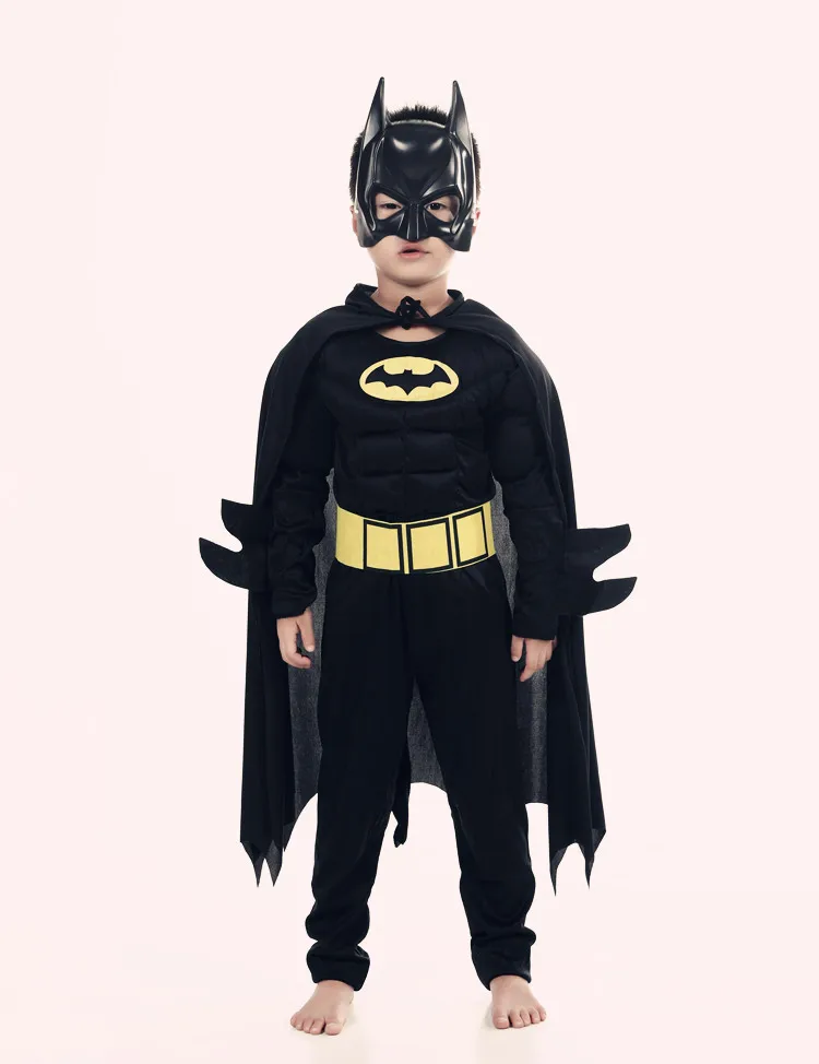 Unisex Halloween Black Bat Muscle Costume Kids Boys Girls Masquerade Party Cosplay Suit Jumpsuit Cloak Character Hat Accessories