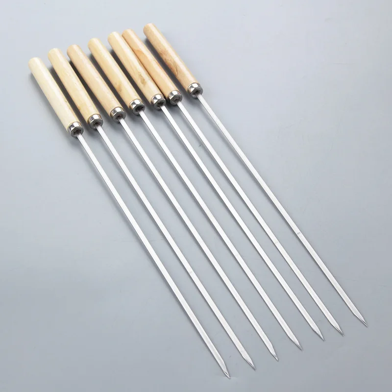 Barbecue Skewers Made of 304 Stainless Steel With Wooden Handles and Flat Skewers For Skewering Meat and Iron