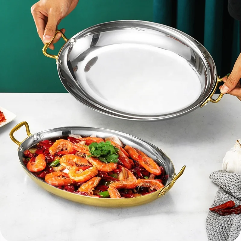 Stock Available Stainless Steel Paella Pan Restaurant Seafood Pot With Double Ear