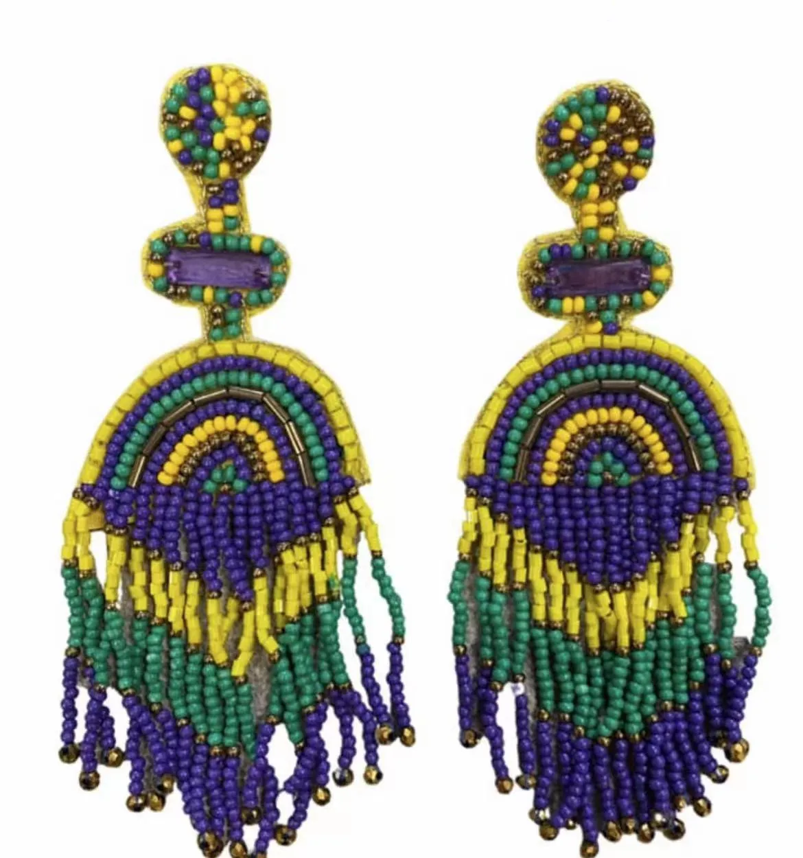Mardi Gras Earrings FRINGE Seed Beaded Cinco de Mayo Felt Back Carnival Large Dangling Beaded Tassel Mardi Gras Earrings