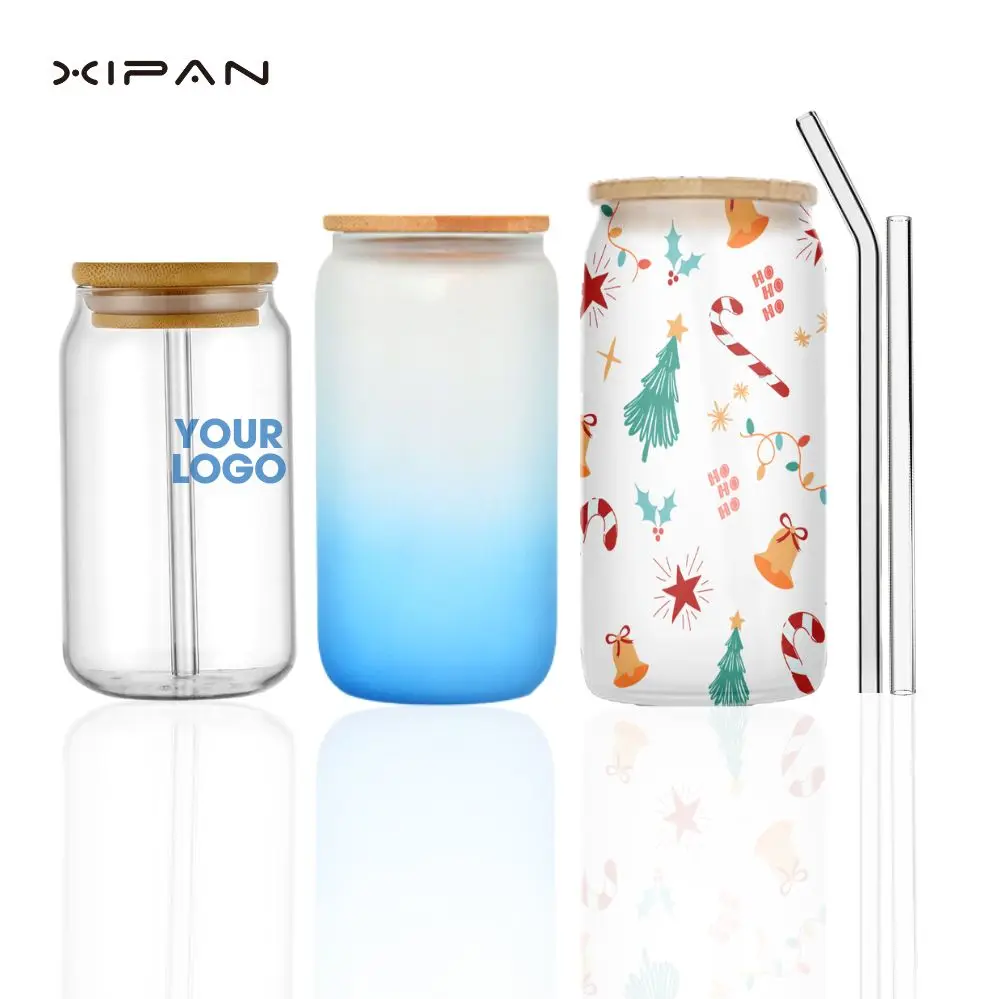 DIY 16oz Cups Blank Sublimation Tumblers Can Shaped Beer Glass with Bamboo Lid and Straw Colored Frosted Glasses