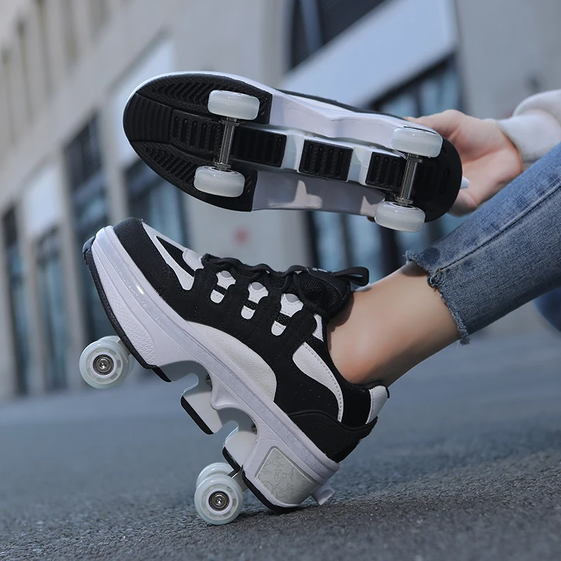 2024 new four-wheeled skate shoes for children and girls deformed men retractable shoes with rollers for girlsroller skates