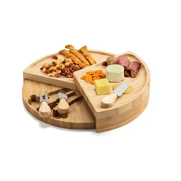 ZB Bamboo Cheese Board Circular Serving Tray with Stainless Steel Knife Set Serving Board with Swivelling Knife Drawer