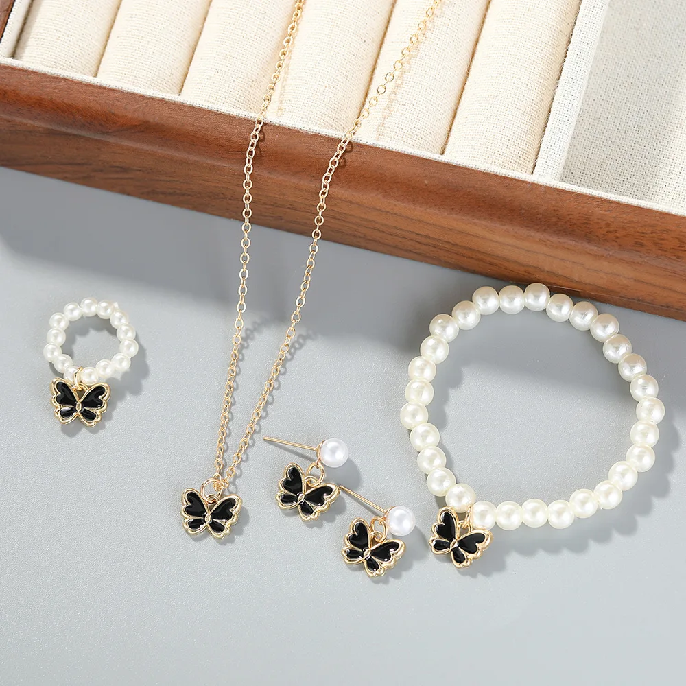4 Sets Little Girls Dress Up Jewelry Gift Butterfly Pearl Bracelet Earring Necklaces Cute Kids Jewelry Set For Toddler Princess