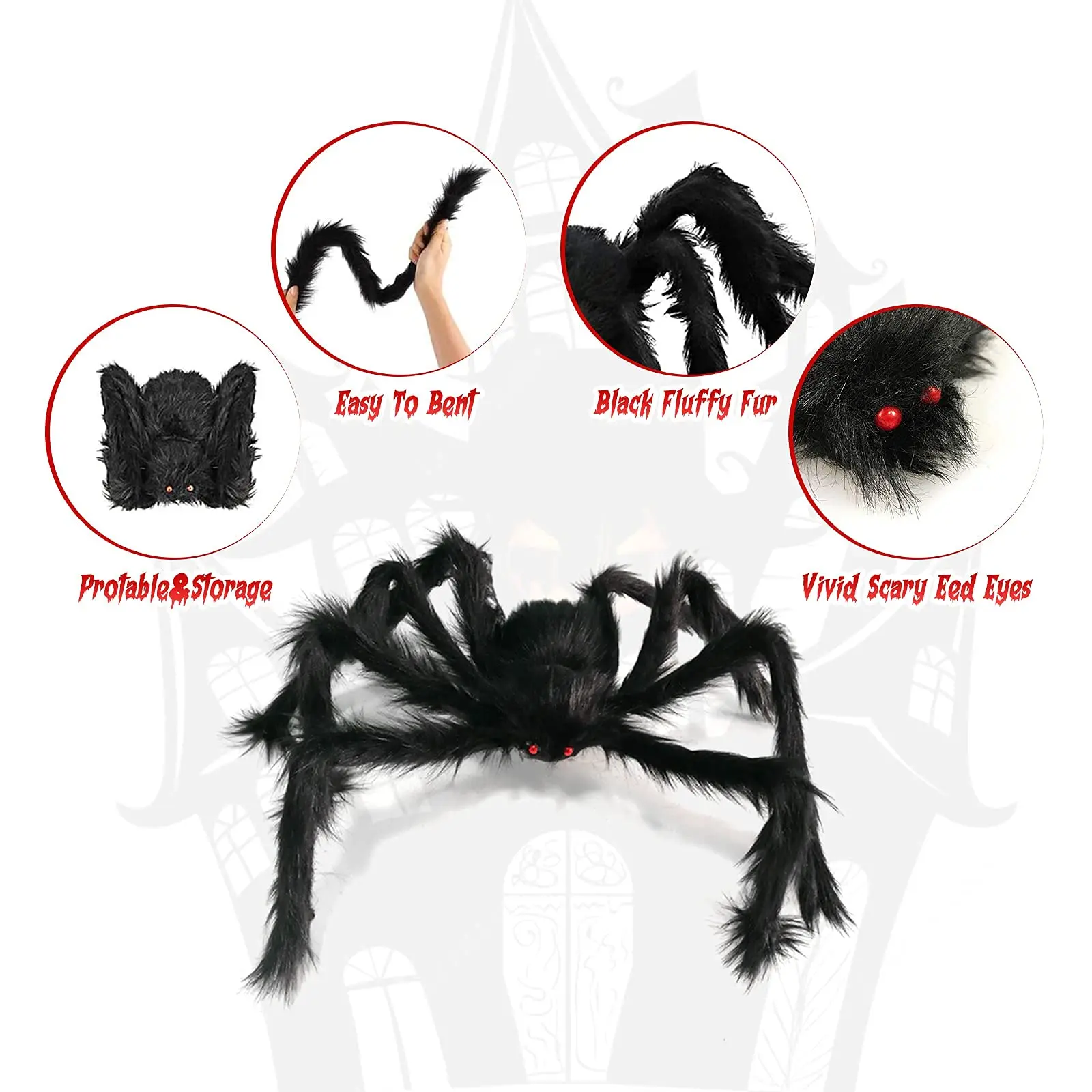 30cm-200cm Super Big Plush Spider Black Scary Giant Realistic Fake Hairy Animal for Party Halloween Decorations