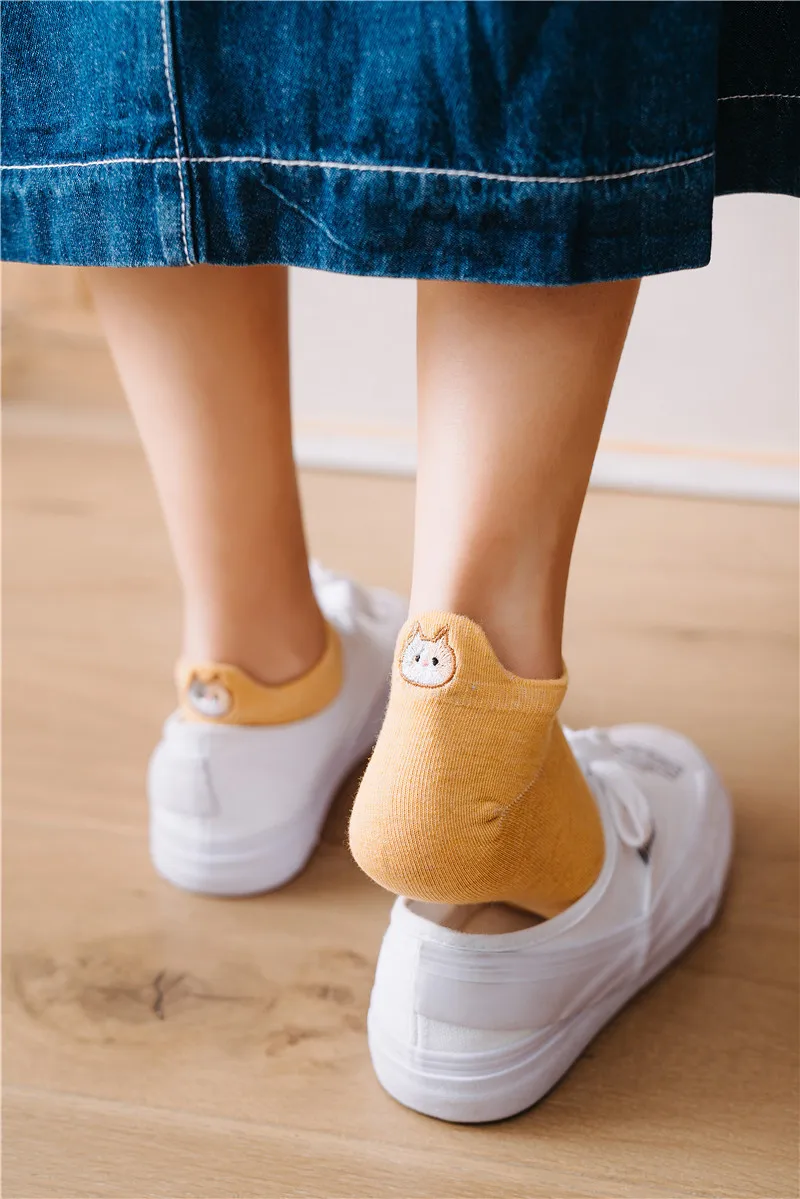 5 Pairs Women Socks Cotton Cute Cartoon Animal Cat Fox Dog Red Heart Female Boat Ankle Socks Short Ear Socks Slippers Summer