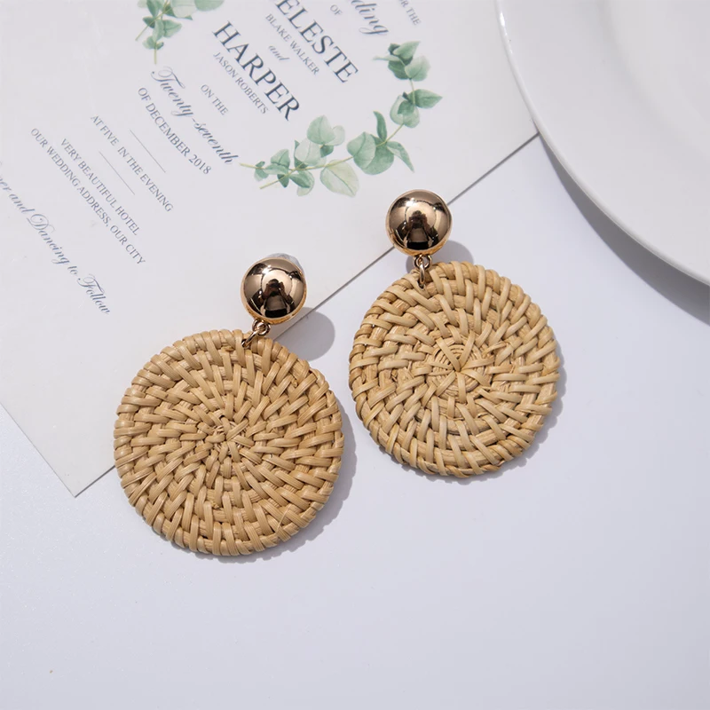 Rattan Earrings Women Summer Hoop Wicker Straw Handmade Beach Jewelry Woven Round Drop Dangle Earrings