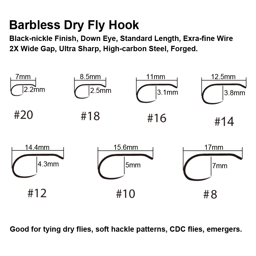 Wholesale Barbless Dry Fly Hook for tying Soft Hackle, CDC Flies, Emergers Ultra Sharp Wide High Carbon Steel Black