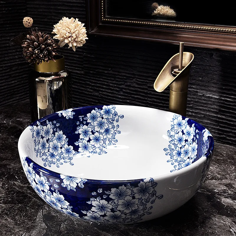 Blue and white Jingdezhen sakura ceramic sink wash basin Ceramic Counter Top Wash Basin Bathroom Sinks