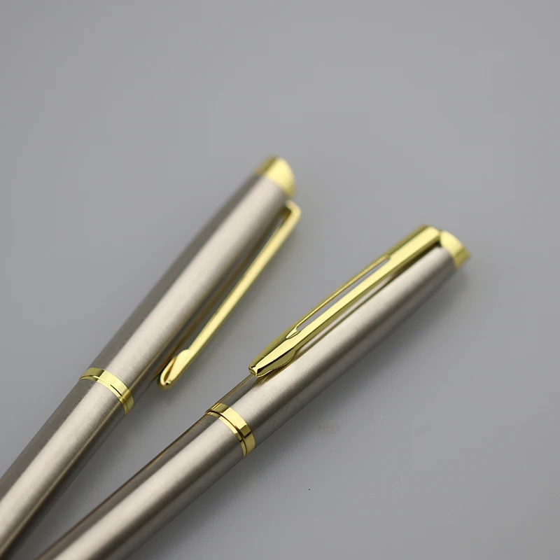 Luxury stainless steel metal body gold trim engraved logo twist ballpoint pen with gift box pen set stationery gift