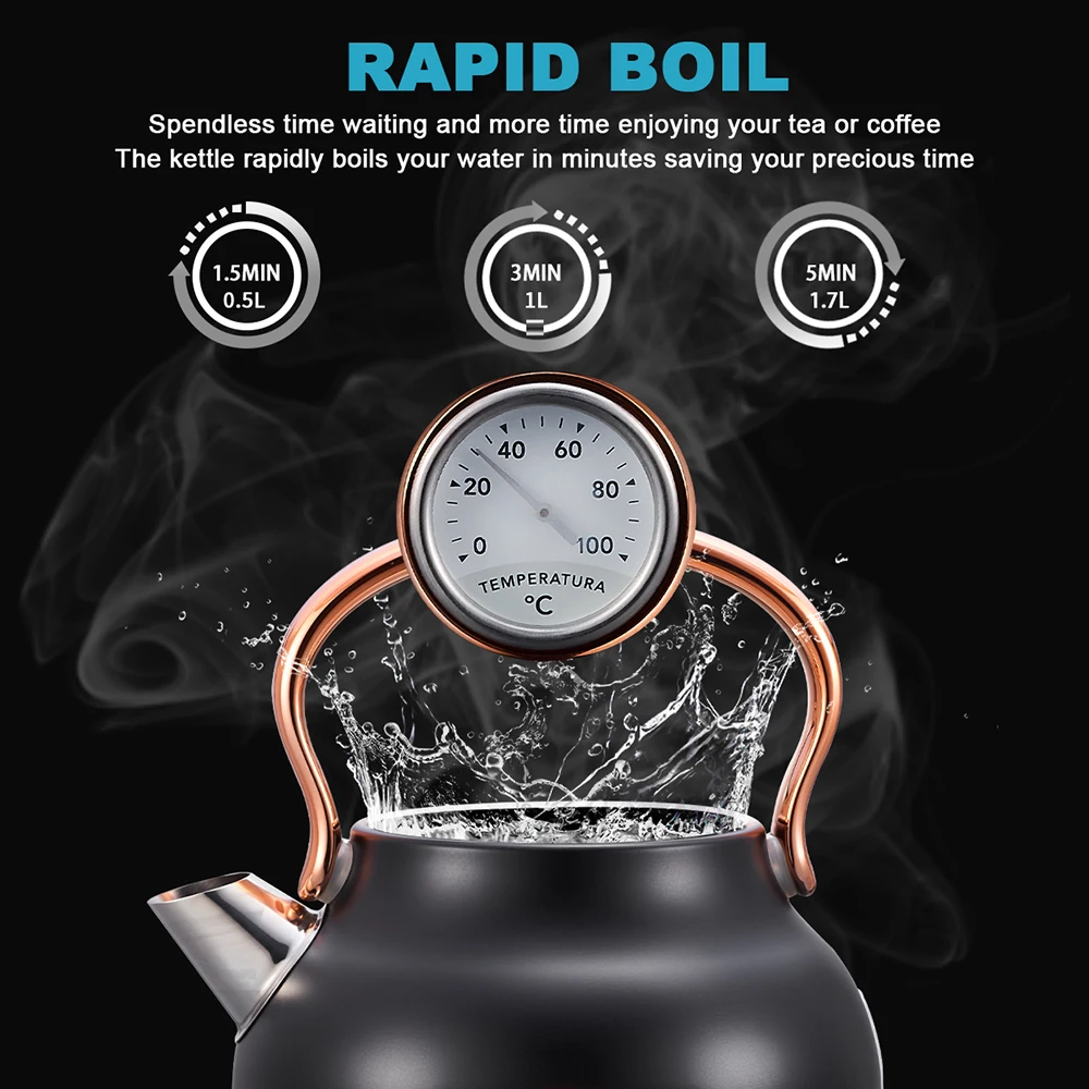 High Quality Retro Electric Kettle Thermometer Easy Pouring Spout Stainless Steel Portable Kettle for Home Use