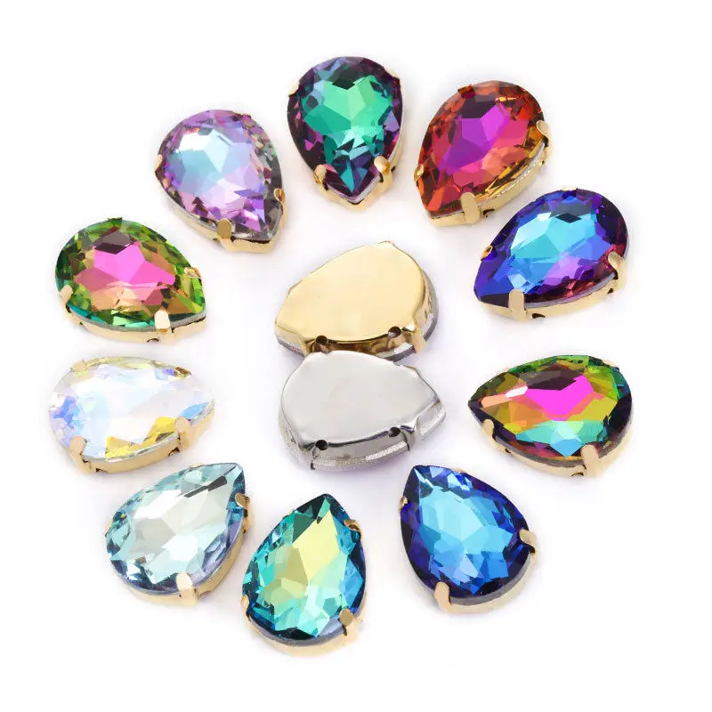 Anwen 10*14mm Drop shape Glass Stone With Metal Claw Golden setting Sew On Clothes crystal  For Garment rhinestone accessories