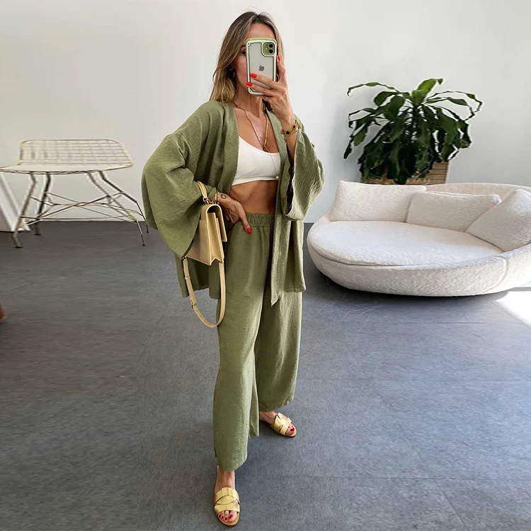 Wholesale custom cotton linen suit long-sleeved top plus wide-legged pants two-piece