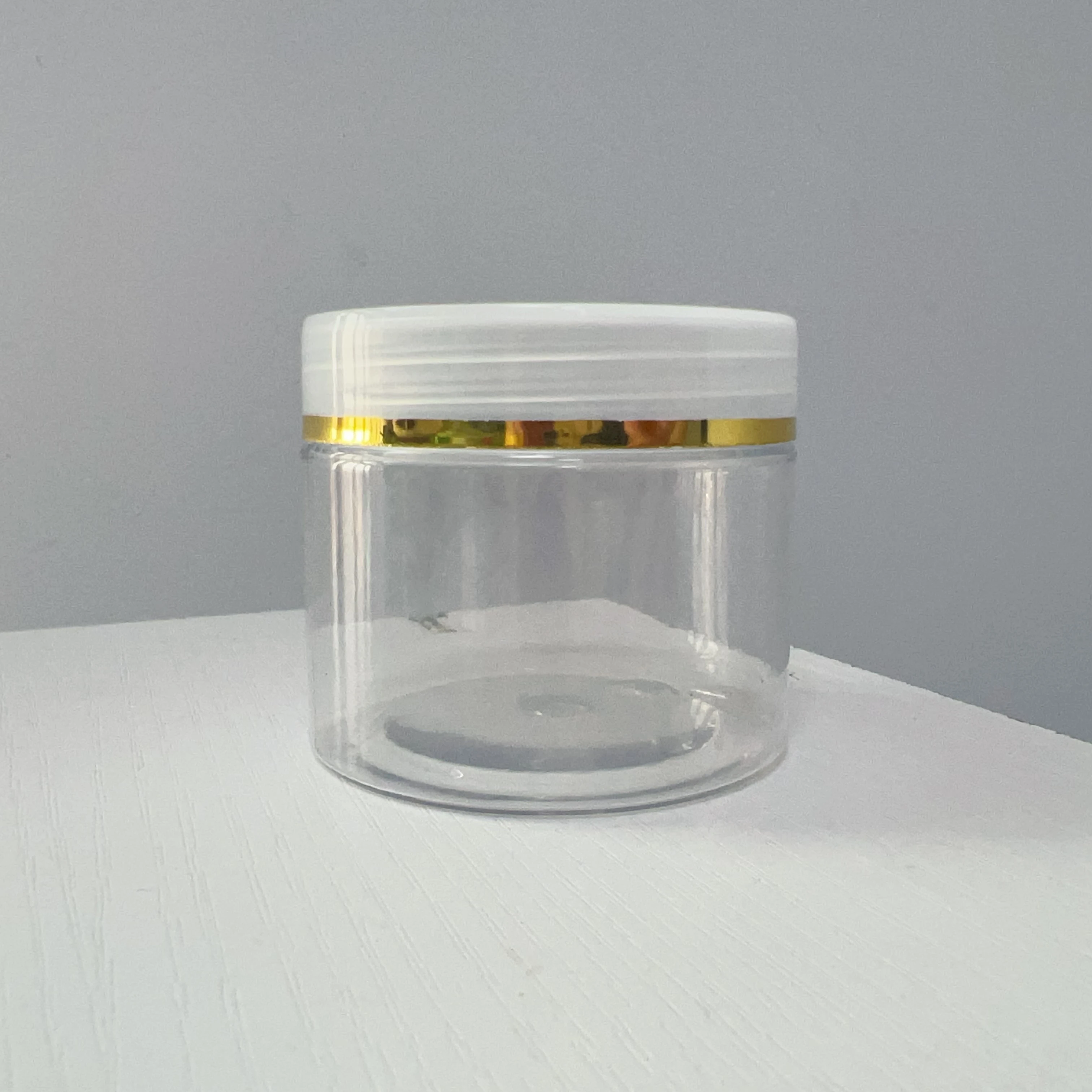 Wholesale 50ml 2oz 6oz 250ml 500ml Clear Refill Plastic Wide Mouth Bottle Jar Pots with gold line For Body Sugar Scrubs Packing
