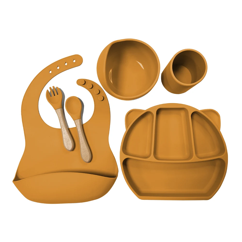 2024 New Arrival BPA Free Suction Plates Bowl Spoon Bibs Tableware Silicone Baby Feeding Set