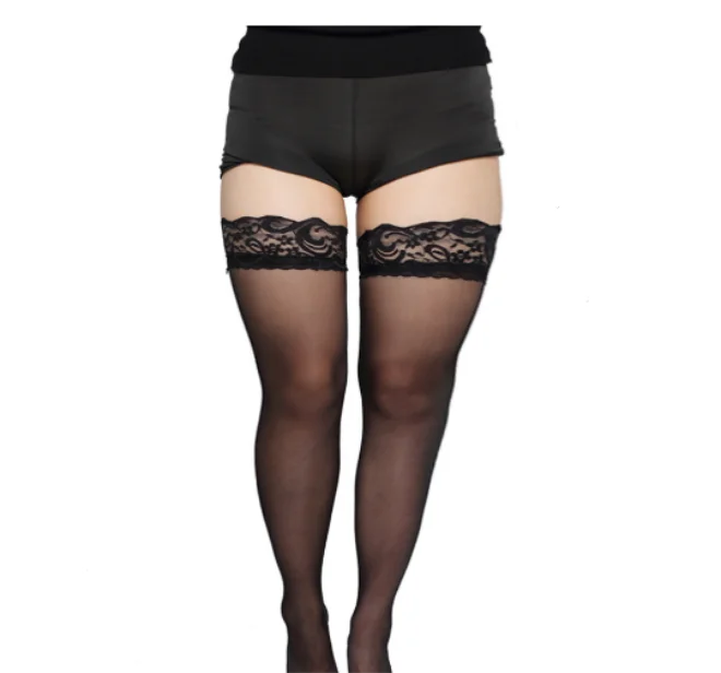 Plus Size Thigh High Stockings Sexy Lingerie Black Sheer Lace Top Hold Up Nylon Nightclubs Long Silk Stocking for Women