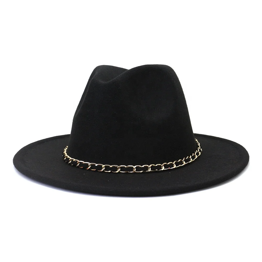Hot Sale Korean Fashion British Style Chain Big Wide Brim 7cm Jazz Hat Men and Women Fedora Hats Top Hat with Chians