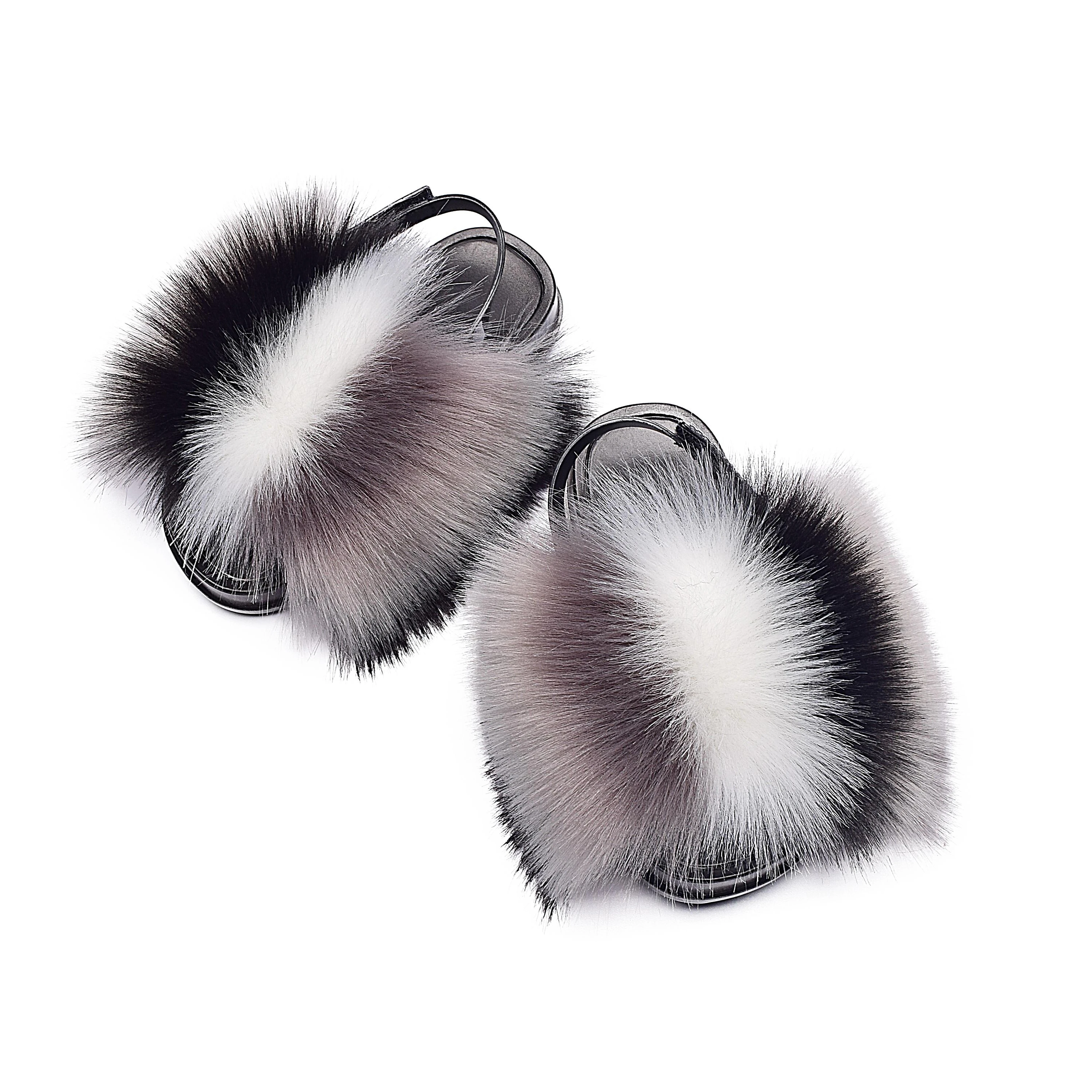 
New trendy mixed color fur strap Shoes Sandals Custom logo fox fur slides for baby 