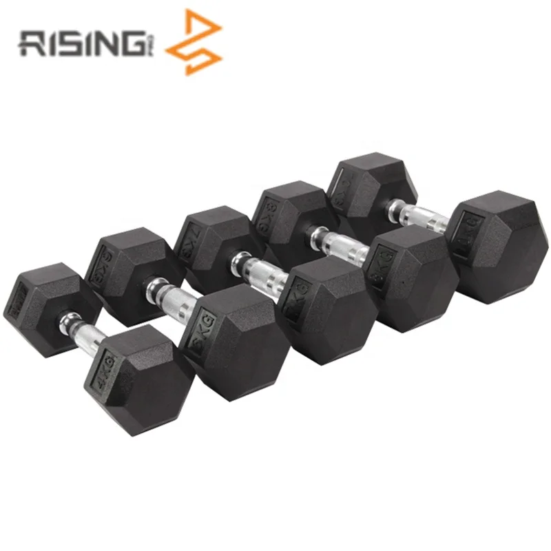 Rising power training equipment hex rubber dumbbell set hexagonal rubber dumbbell weights sets