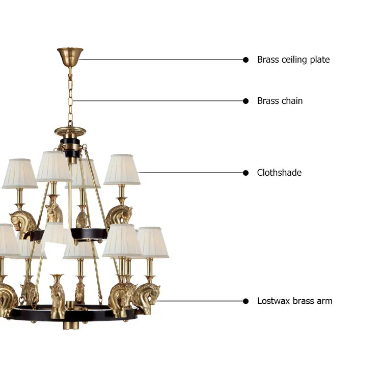 Vintage Indoor 12 Light Industrial Brass Horse Metal Black Chandelier for High Ceiling Living Room
