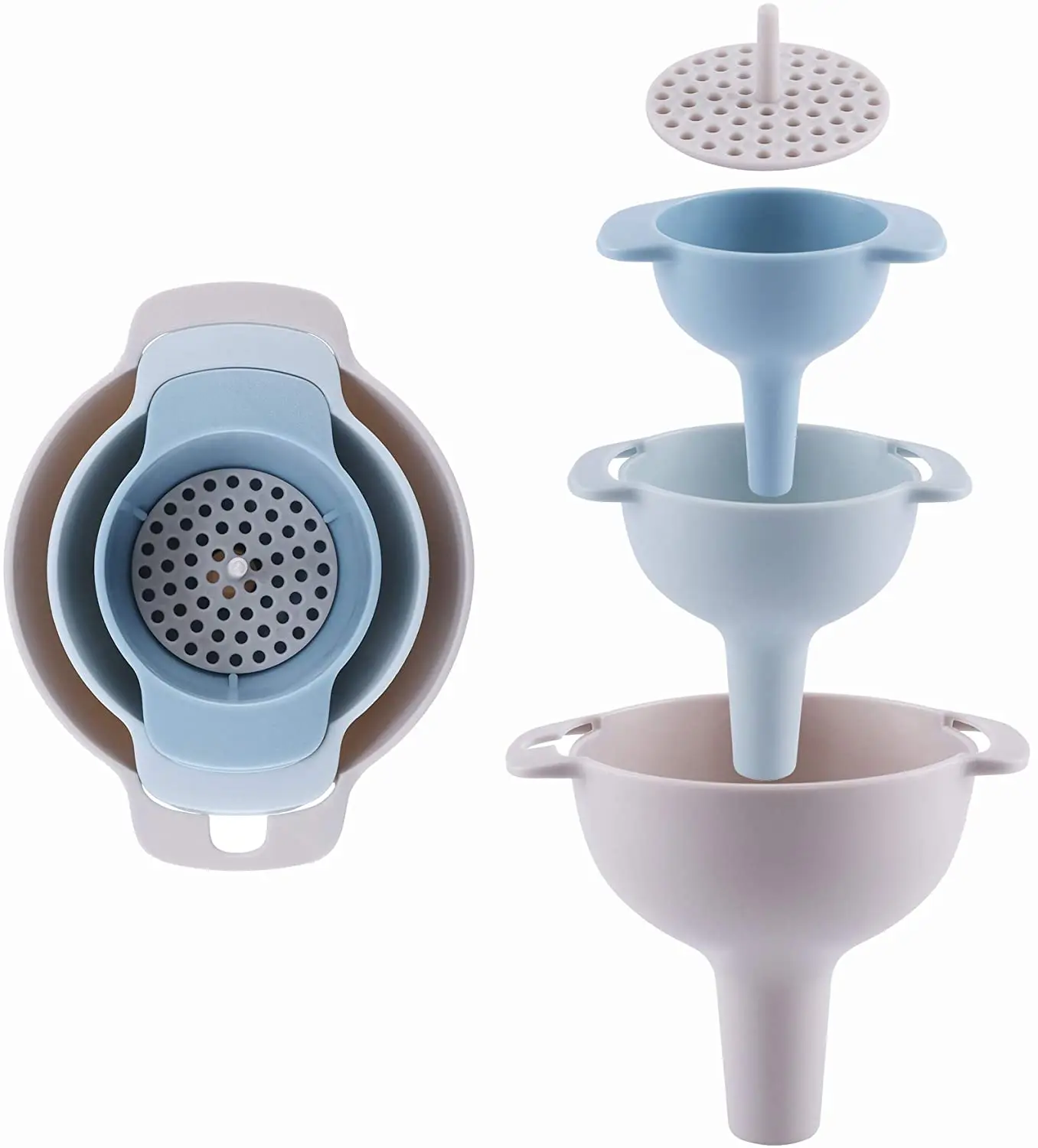 Kingwise 4 in 1 Food level Nested Kitchen Plastic Oil Funnel Set with Removable Filter for Injection Filtration Funnel Use
