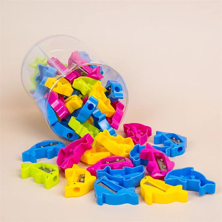 Free sample In stock stationeries and school supplies cartoon whale shape colored plastic mini pencil sharpener for children