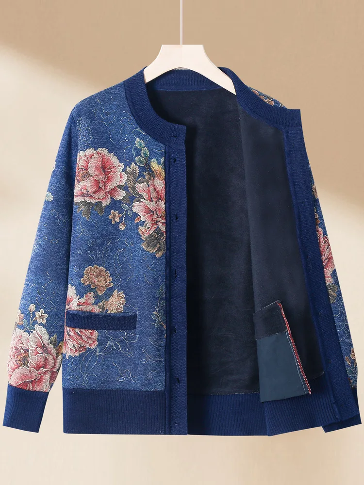 Womens warm lining floral printing Sweater jacket Mom padded thickened tops old lady cardigan Chinese style sweater