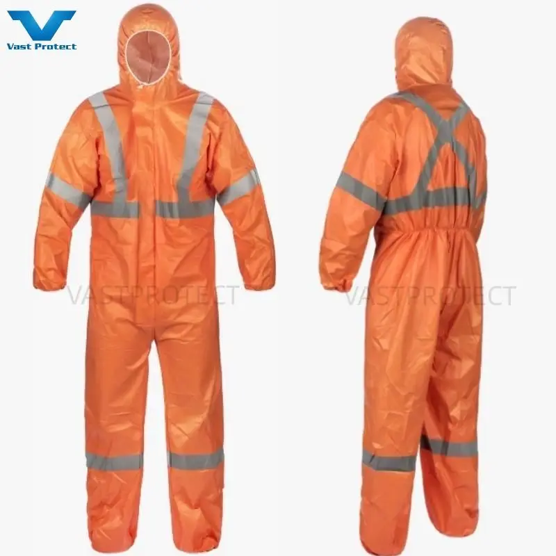 Type5&6 Orange Disposable SMS 56GSM Tyvek Coverall with Reflective Tape