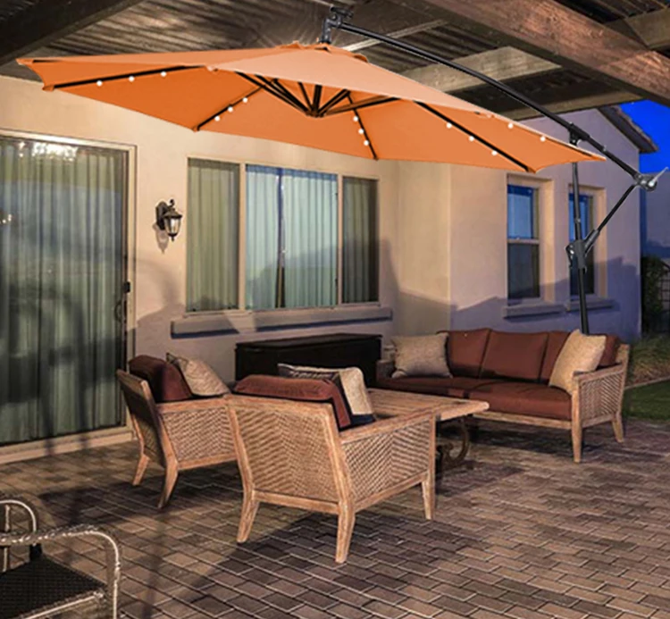 Uplion 3.5M Patio Side Parasol With 24 Pcs Led Sunshade Cantilever Outdoor Solar Led Lighting Parasol Umbrella