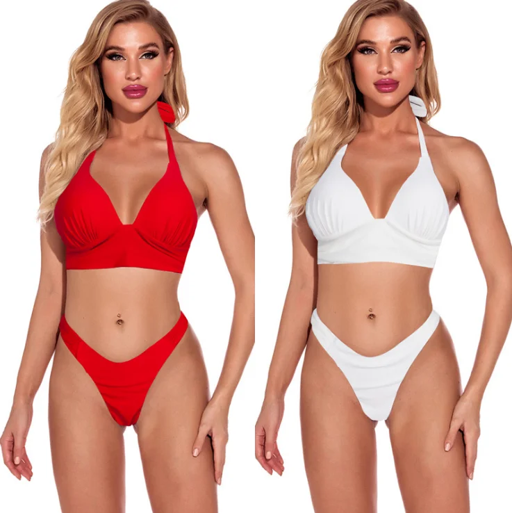 Women Halter Neck Bordering V Neck Sexy Open Bikini Private Label Push Up High Leg Fashion Show Lady Design Bathing Suit