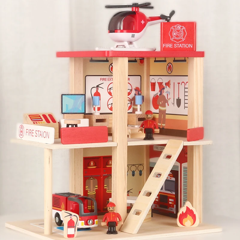 new design fire station pretend play role wooden doll house furniture with doll house accessories