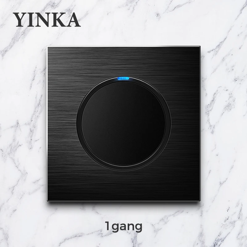 YINKA Aluminum Brushed Metal Customizable Black Frameless Point Type Self Resetting Wall Switch AU Socket