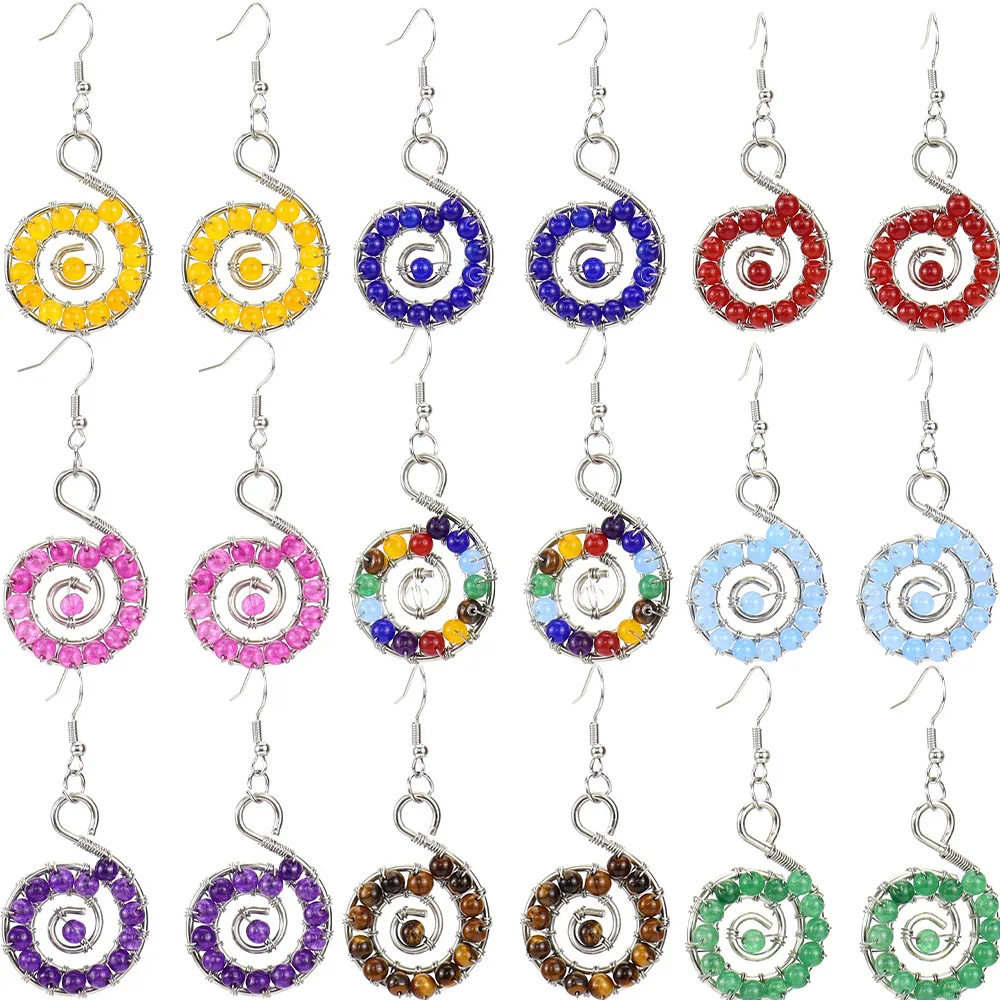 Vintage Wire Wrapped Natural Stone Beads Tiger Eye Amethyst Hoop Earrings Beaded Spiral Earrings Drop Conch Earrings Wholesale