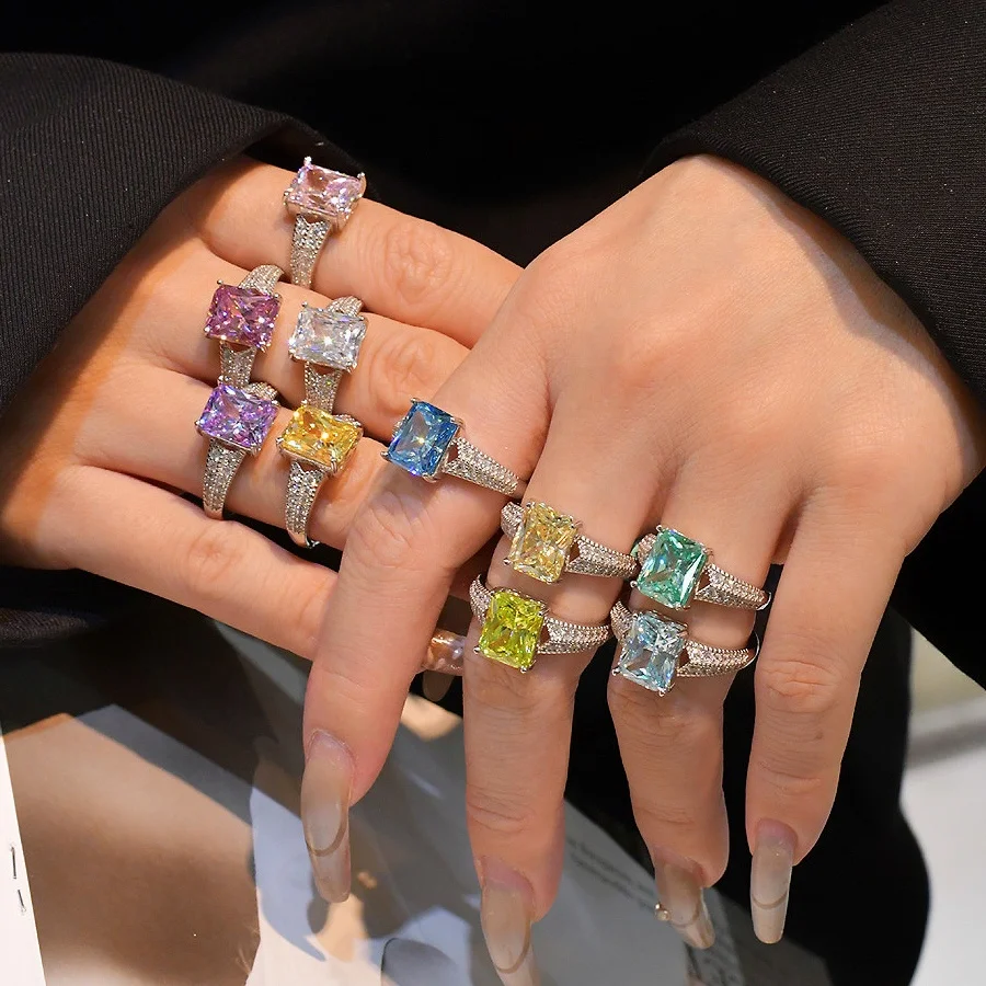 2023 New Moissanite Pink Diamond Ring Radiant Cut 8A Zircon 925 Sterling Silver Ring Engagement Wedding Rings Jewelry Women