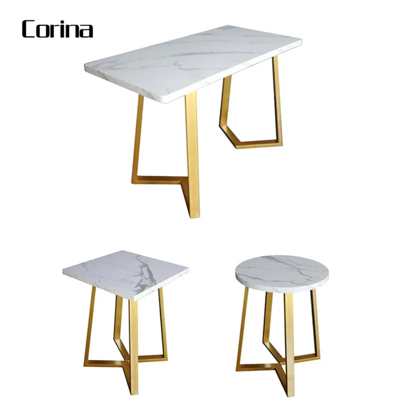Outdoor minimalist marble top square restaurant table and chairs set stainless steel base dining table for cafe shop