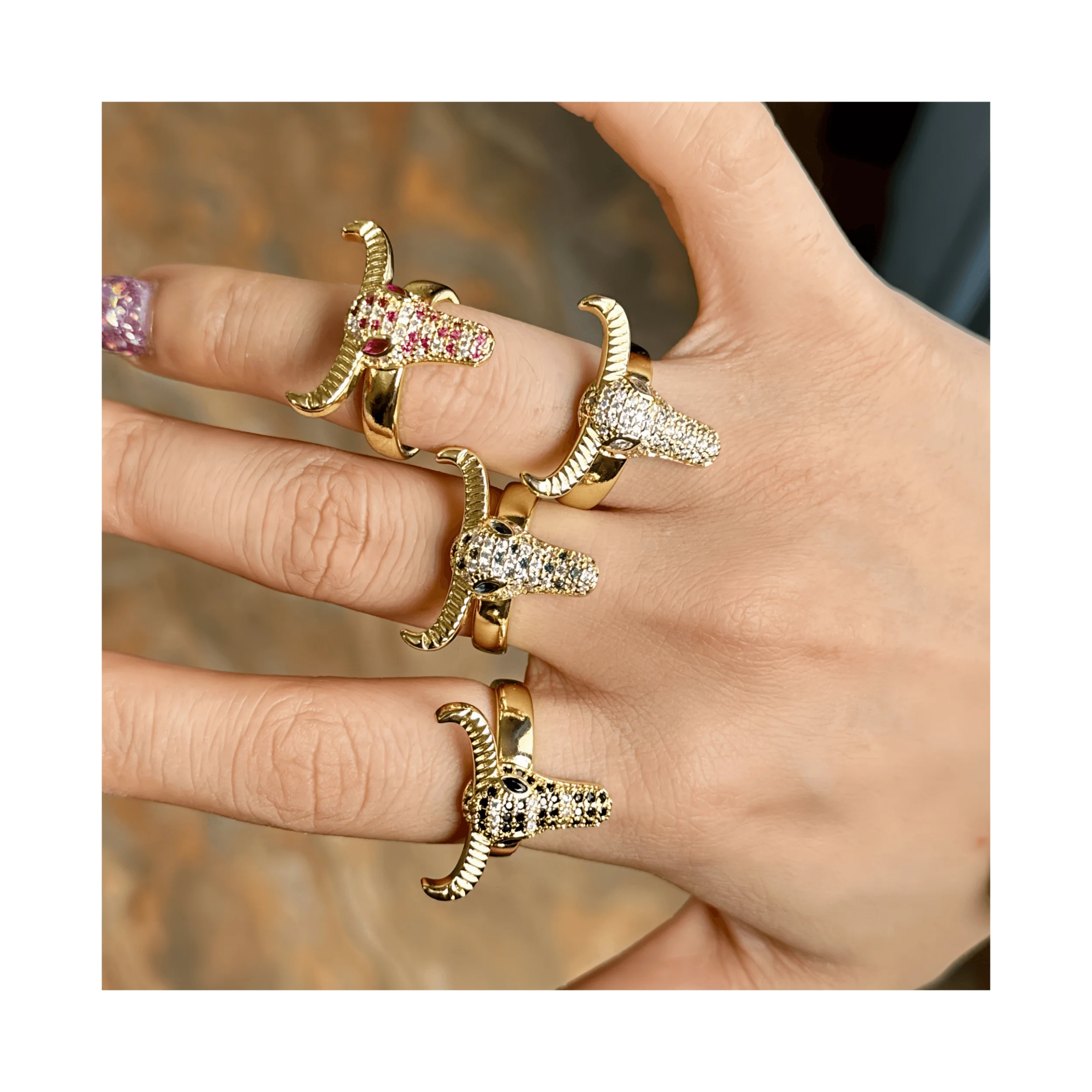 2024 New design head of an ox shape Micro insert full zircon gem jewelry rings copper with 18k gold plated Gemstone Rings women