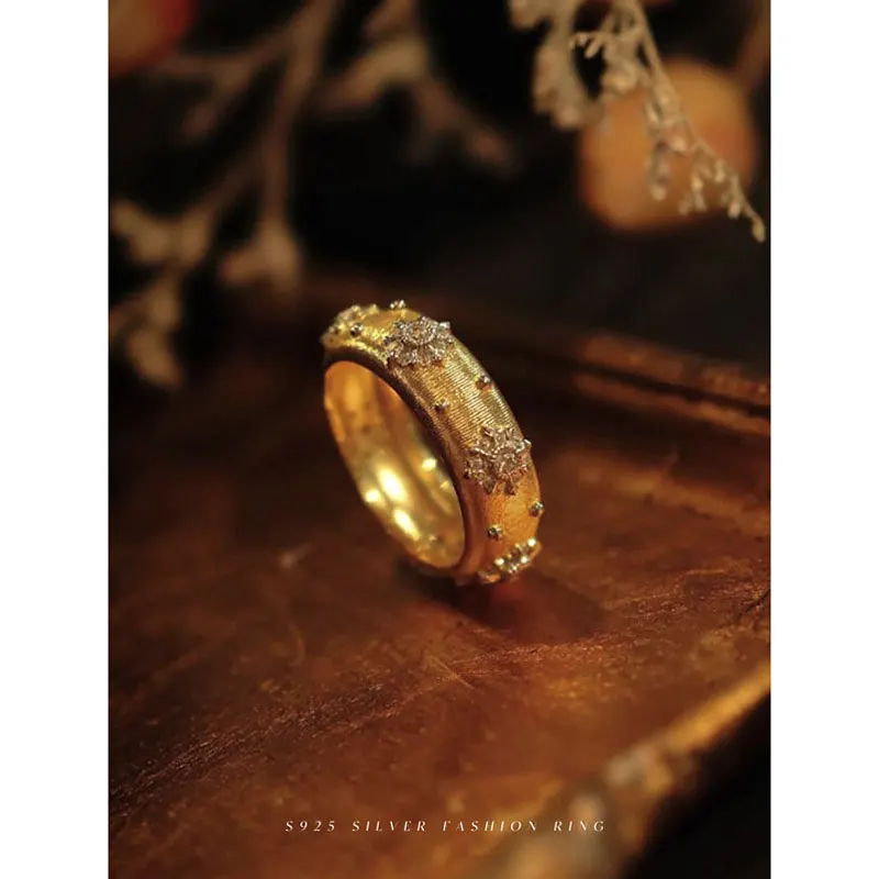 Fashion jewelry Italian craft 925 sterling silver ring 18k gold Insert Brush surface 5A Zircon Chunky Ring