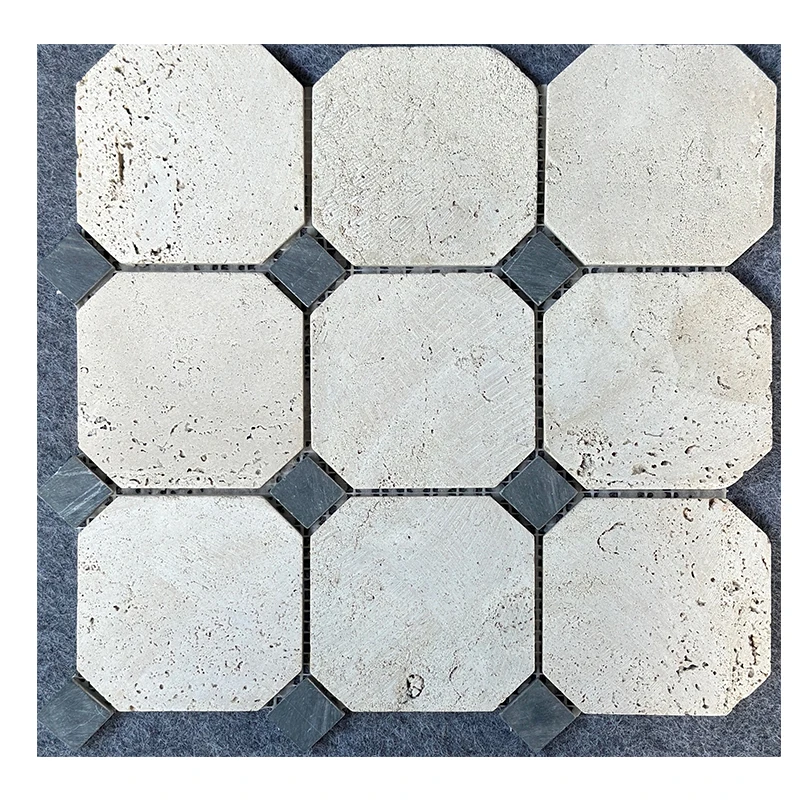 Beige travertine mosaic octagon rhombus dots classic flooring tiles bath kitchen limestone paver paving tile moroccan handmade