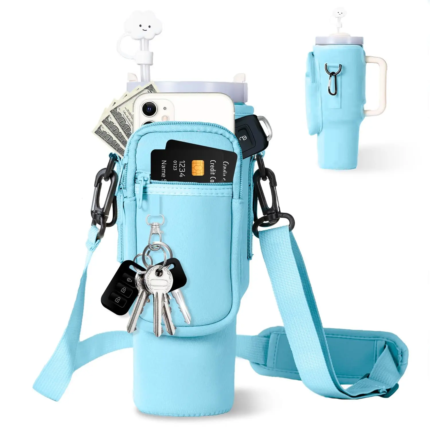 Portable Water Bottle Carrier Bag Multi Pockets Water Bottle Bag for Stanley 40oz Tumbler Neoprene Water Bottle Holder Pouch