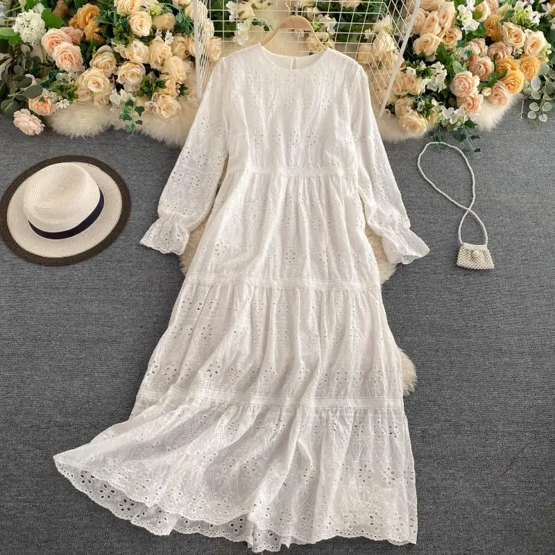 Custom autumn clothes female Korean simple solid color round neck hollowed out long-sleeved dress one pcs lace dress