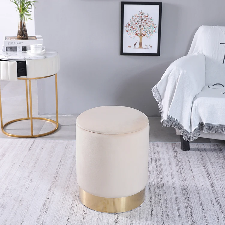 Modern Round Ottoman Stool with Gold Metal Base storage ottoman
