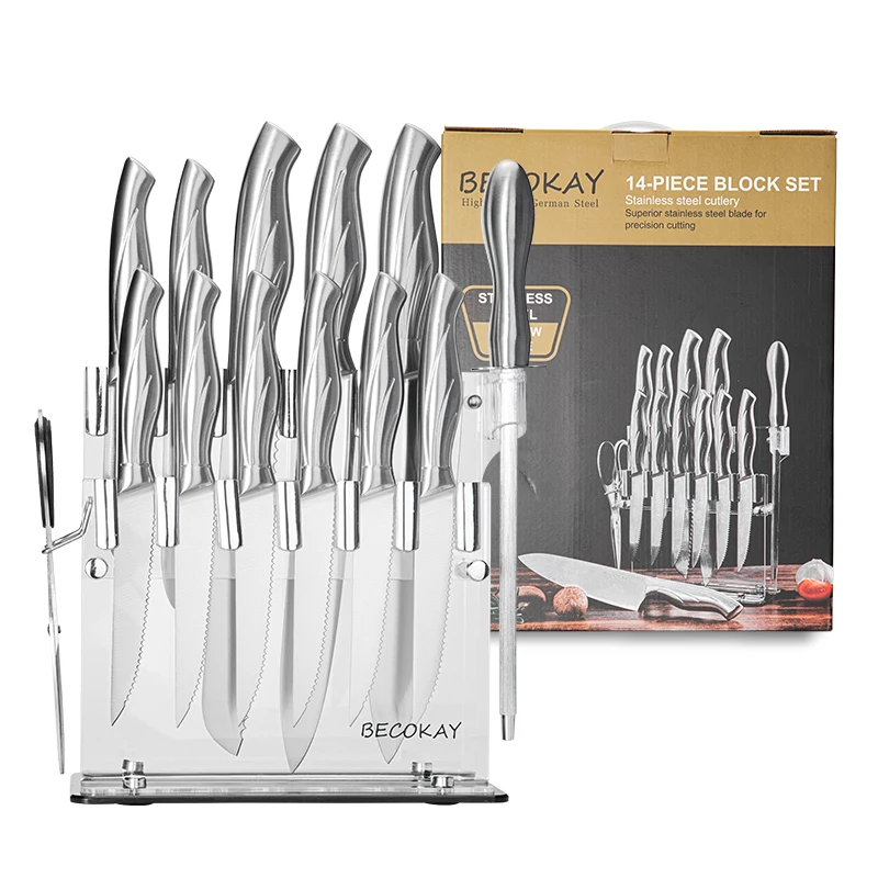 Kitchen Knife Set 14 PCS High Carbon Stainless Steel Knife Set Serrated Steak Chef Knife Set with Acrylic Stand