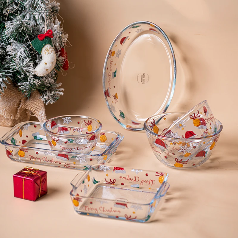 2022 New Christmas Dinner Plate Vajilla Navidad Platos Borosilicate Glass Salad Bowls Baking Dishes