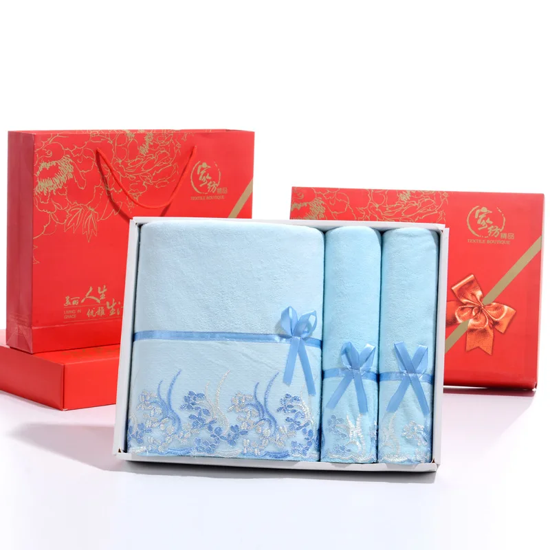Lace edge towel set 3 pieces multi colors  face towel bath towels custom size Microfiber Bath Linens with gift box