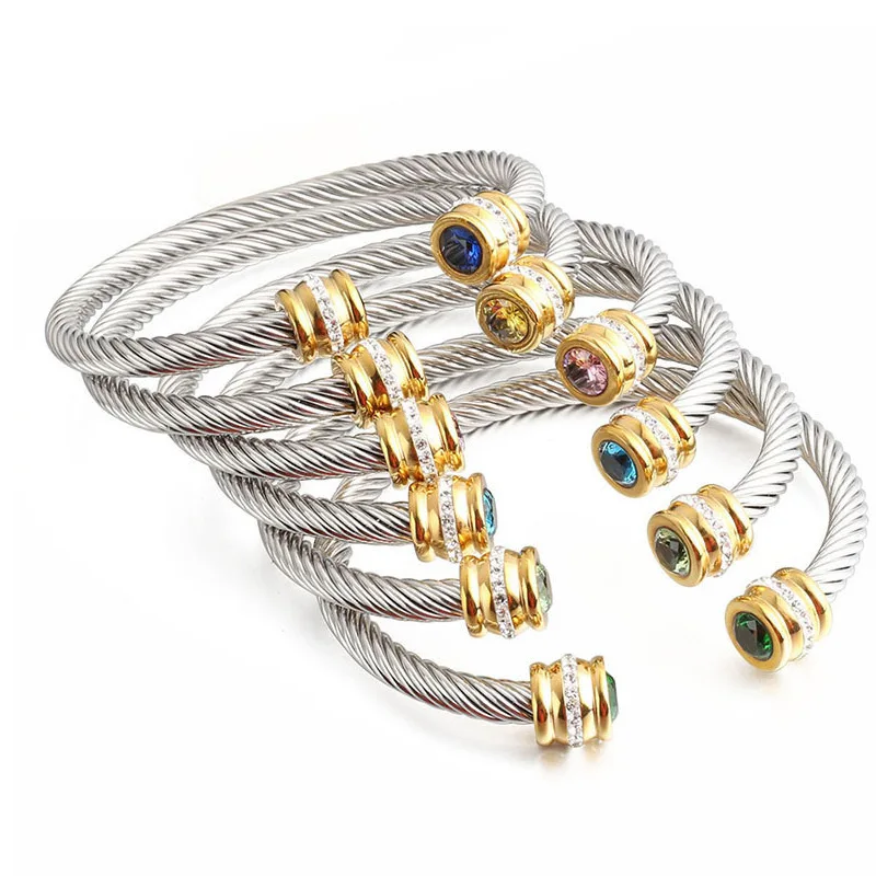 Luxury Braided Charm Open Cuff Men Women Sporty Bangles Trendy Stainless Steel Bracelets With Crystal Jewelry