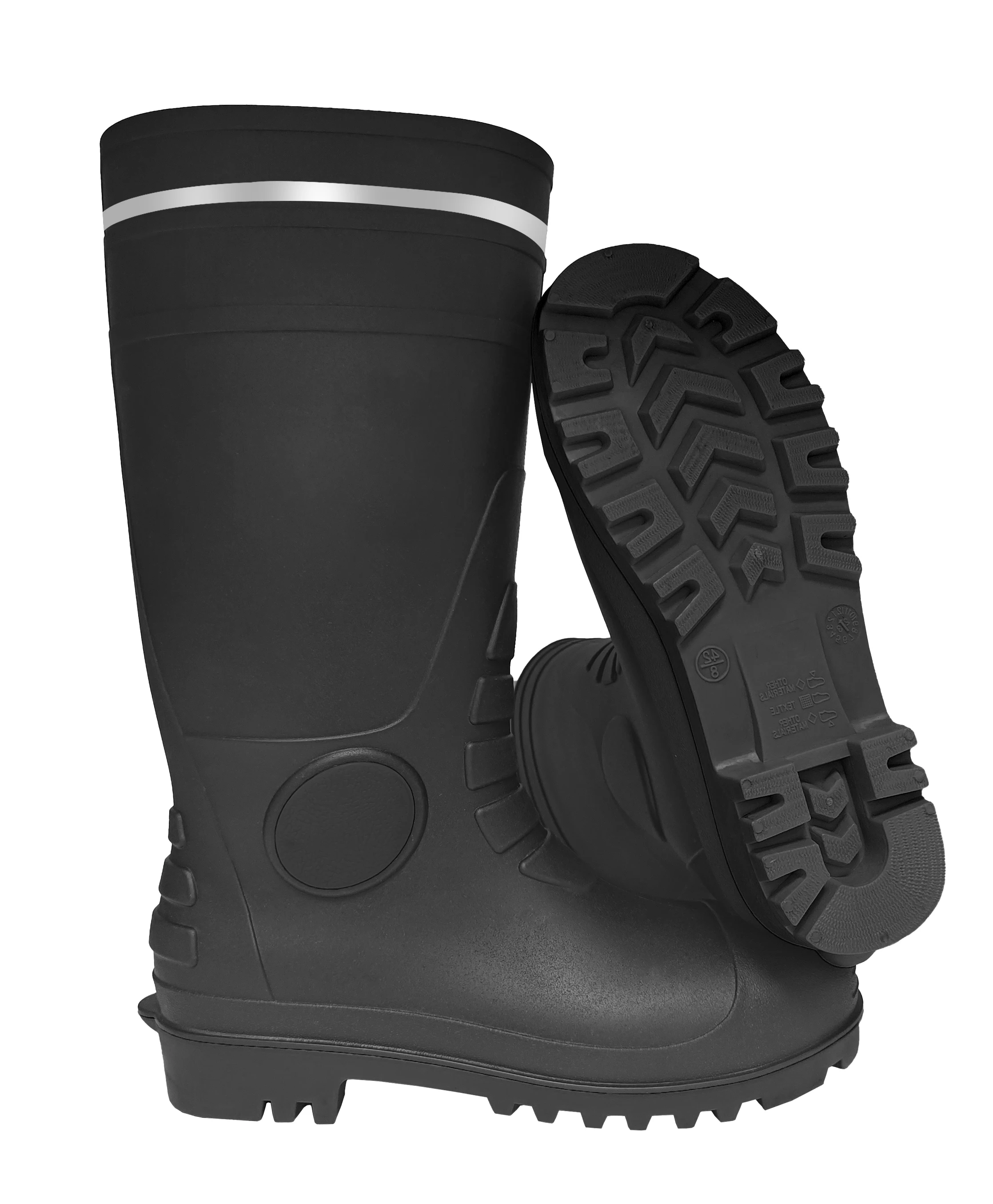 ALL black PVC boots with Reflective, top cover fabric and lace gum boots factory produce  PVC steel toe boots