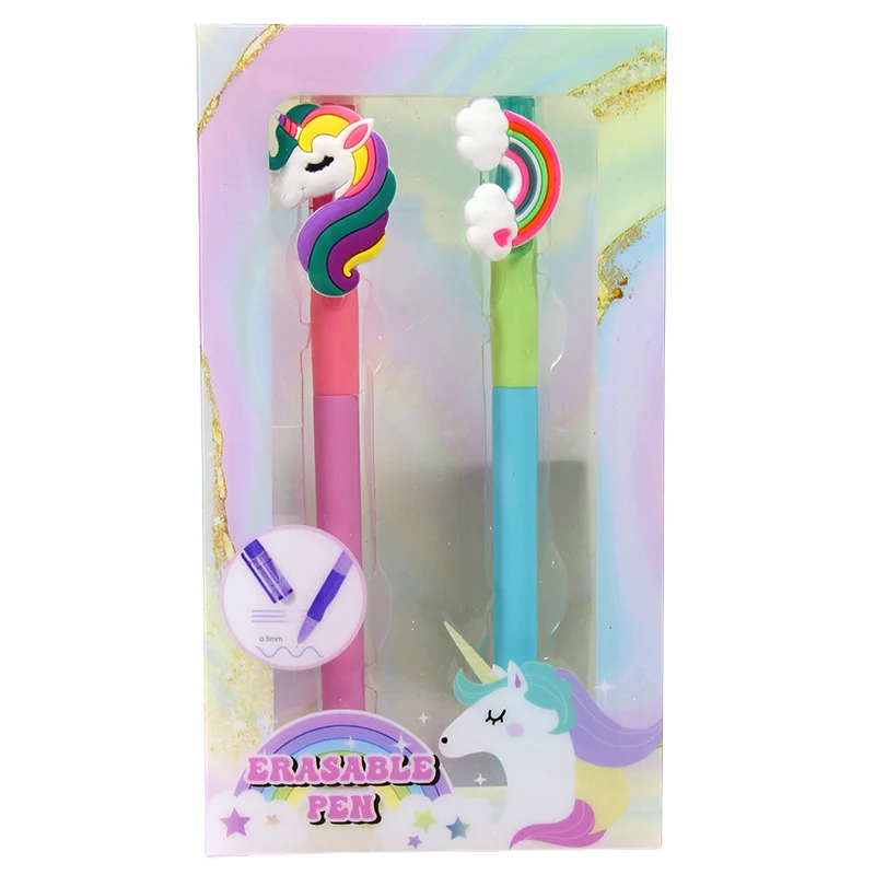 2-Pack Cartoon Erasable Gel Ink Pens Kids Unicorn & Animal Space Themes Smooth Writing Plastic School Supplies & Gifts