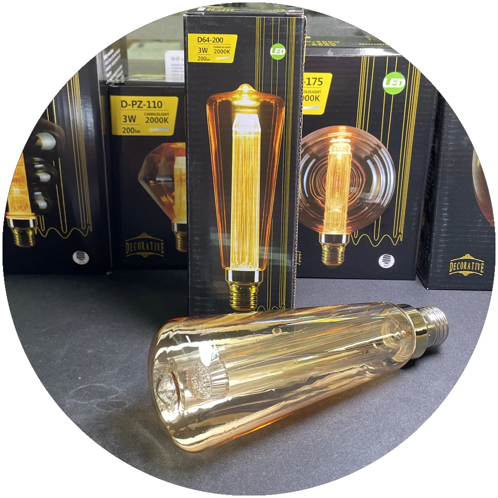 warm white 2000k smd2835 3w 200lm gold color light pipe glass global E27 filament lamp vintage led bulbs