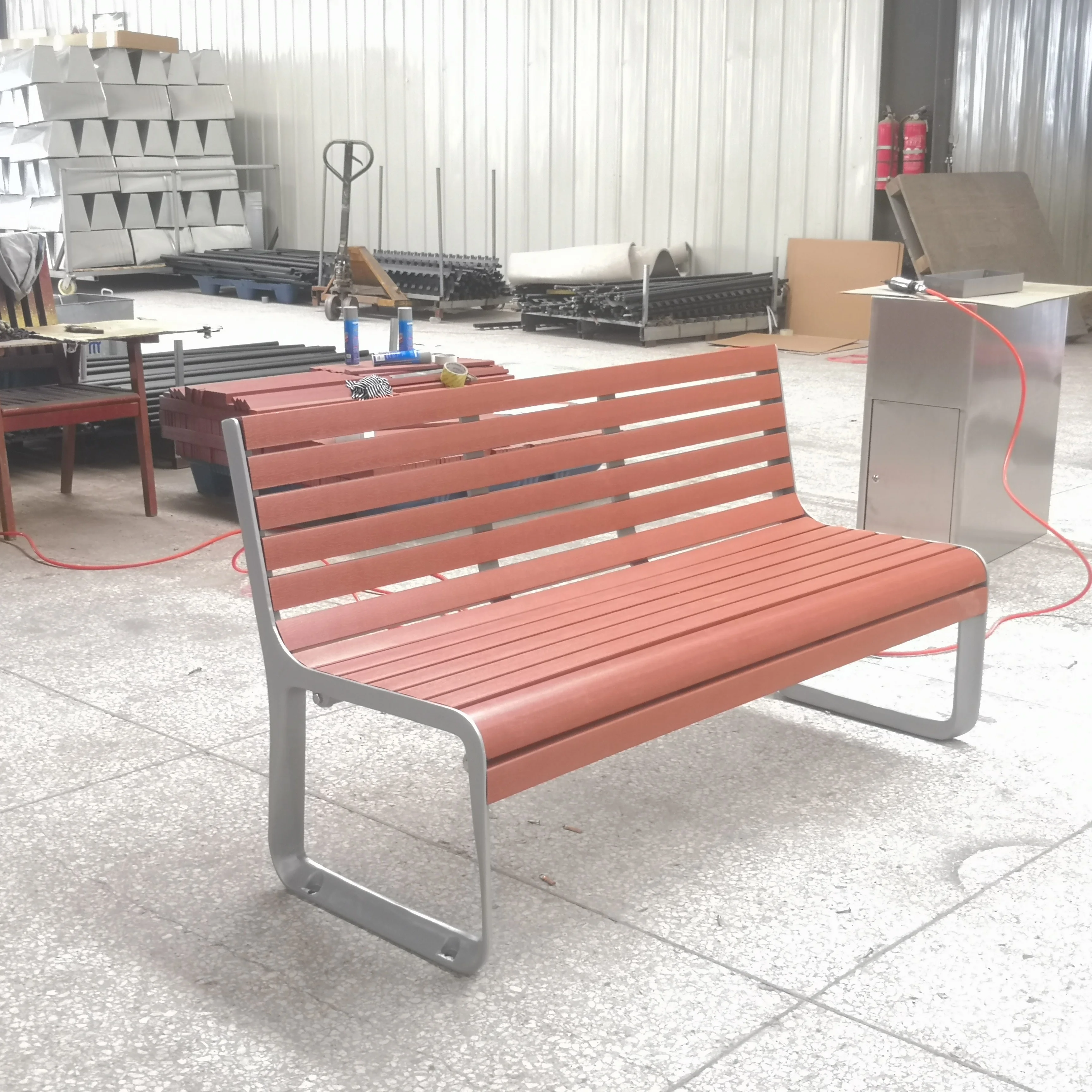 Outdoor furniture composite wood long bench seat public park cast aluminum seating bench outside garden patio PS bench chair